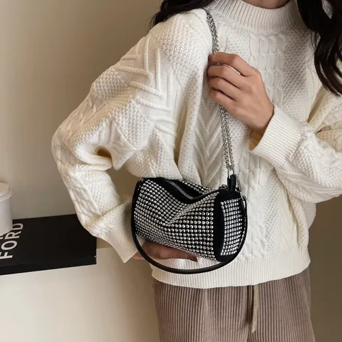Borsa a Cilindro con Strass di Lusso da Donna Borsa a Tracolla in Cristallo Luccicante Borsa da Sera per Sottoascella