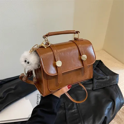 Borsa a Mano in Pelle PU Tinta Unita Vintage da Donna Elegante Borsa Messenger con Patta e Fibbia in Metallo Oro Tracolla