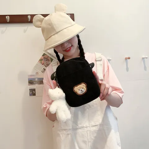 Cute Corduroy Bear Embroidery Mini Crossbody Bag Small Messenger Phone Purse For Women Girls Student Casual Shoulder Bag