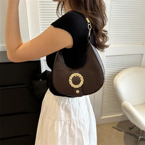 Borsa Hobo in Pelle PU Vintage Con Trama Litchi Per Donna Fibbia Rotonda Dorata Mezzaluna Borsa a Spalla Sottobraccio Moda