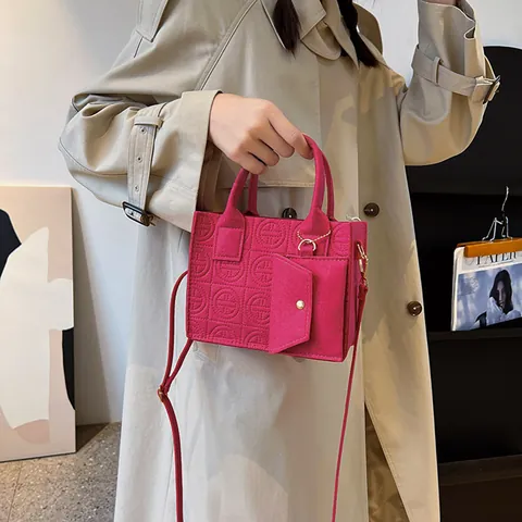 2-In-1 Felt Tote Handbag For Women Circular Embossed Crossbody Bag With Mini Pouch Solid Color Fashion Casual Daily Shoulder Bag