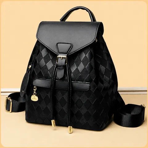 Fashion Women Rhombus Quilted Backpack Casual PU Leather Plaid Travel Bag With Smile Charm Commuter Daypack Black White Coffee