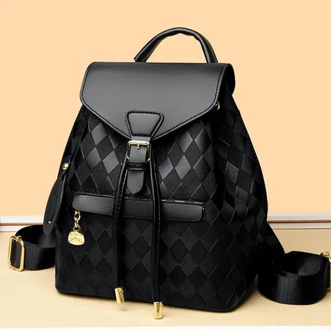 Women PU Leather Quilted Backpack Rhombus Pattern Drawstring Contrast Color Fashion Casual Daily Daypack Smiley Charm