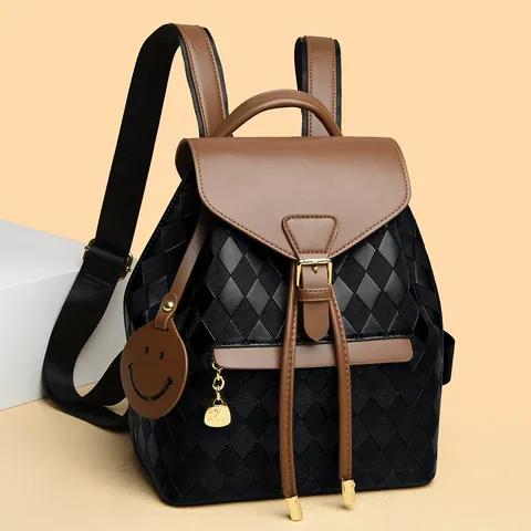 Women PU Leather Quilted Backpack Rhombus Pattern Drawstring Contrast Color Fashion Casual Daily Daypack Smiley Charm