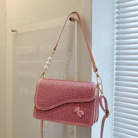Women Rhinestone PU Leather Shoulder Bag Fashion Square Crossbody Bag With Artificial Pearl Strap And Bear Ornament For Daily Party