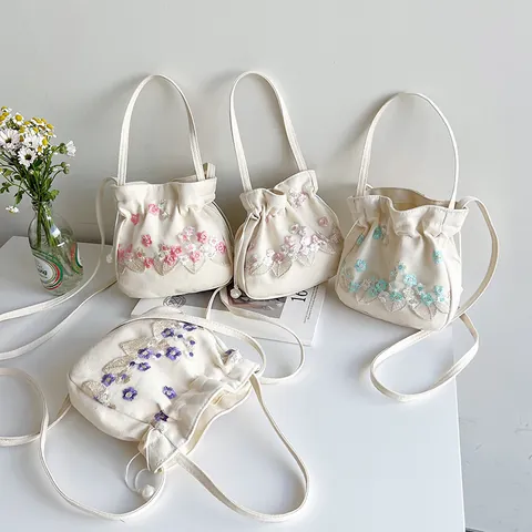 Vintage Floral Embroidery Canvas Bucket Bag Lace Drawstring Shoulder Handbag With Faux Artificial Pearl Elegant Women Daily Bag