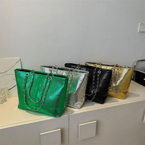 Damen Metallic PU Leder Shopper Mode Schlangenmuster Geprägt Große Kapazität Umhängetasche Mit Kettenriemen Lässige Alltags Handtasche