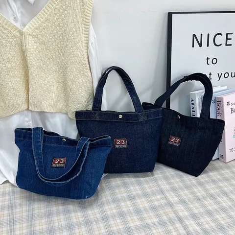 Große Kapazität Vintage Denim Tragetasche Damen Bestickter Aufnäher Schultertasche Lässig Studenten Handtasche