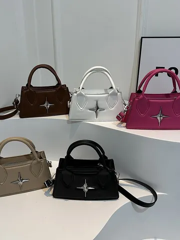 Women Trendy PU Leather Star Decor Handbag Y2K Crossbody Shoulder Square Bag With Metal Star Ornament Adjustable Strap