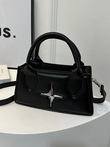 Women Trendy PU Leather Star Decor Handbag Y2K Crossbody Shoulder Square Bag With Metal Star Ornament Adjustable Strap