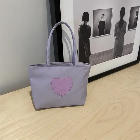 Damen Casual Nylon Mini Tote Bag Leichte Handtasche Mit Herz Lächeln Muster Patch Für Den Täglichen Arbeitsweg Reise