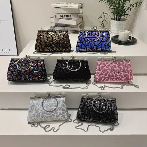 Dames Pailletten Avondtas Clutch Strass Ronde Handgreep Metalen Ketting Geometrisch Driehoekspatroon Feest Bruiloft Handtas