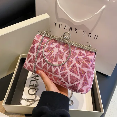 Dames Pailletten Avondtas Clutch Strass Ronde Handgreep Metalen Ketting Geometrisch Driehoekspatroon Feest Bruiloft Handtas
