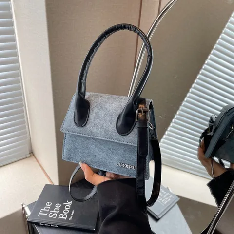 Bolso Cuadrado Pequeño de Moda para Mujer Cuero PU Bolso Bandoulière Mini Bolso de Mano Con Costuras y Logo de Metal