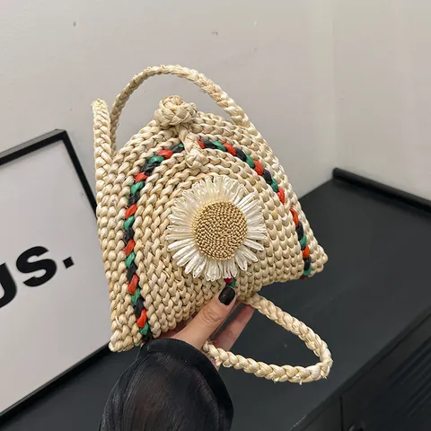 Women Handmade Straw Woven Bucket Crossbody Bag With 3D Daisy Butterfly Decor Summer Vacation Beach Shoulder Bag