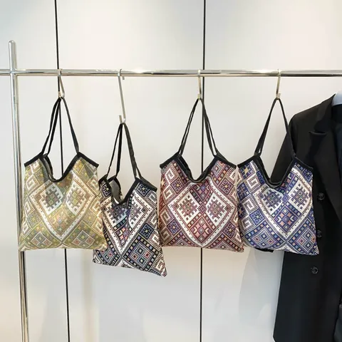 Women's Ethnic Geometric Woven Tote Bag Large Capacity Bohemian Fabric Shoulder Handbag For Daily Travel Shopping Accessory