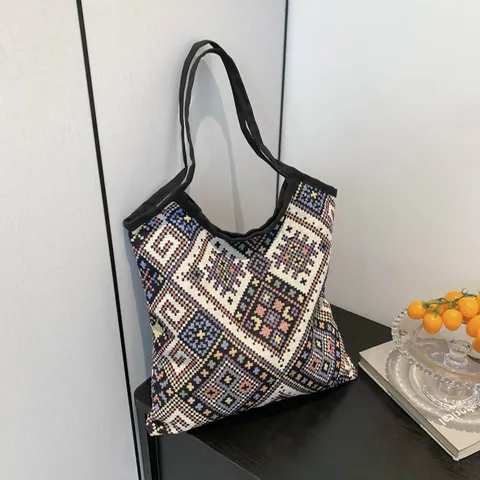 Women's Ethnic Geometric Woven Tote Bag Large Capacity Bohemian Fabric Shoulder Handbag For Daily Travel Shopping Accessory