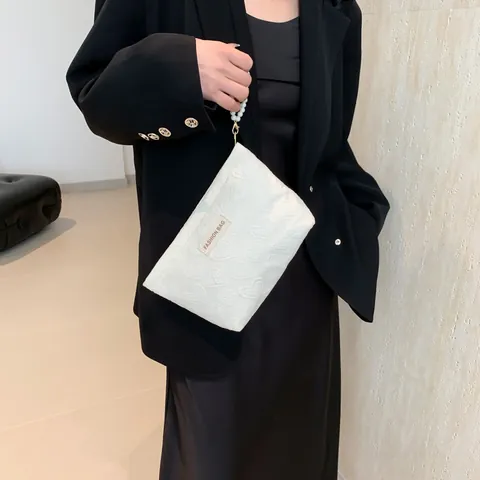 Women Fashion Canvas Heart Makeup Bag With Pearl Handle Korean Style Cosmetic Organizer Small Square Handbag Storage Bag