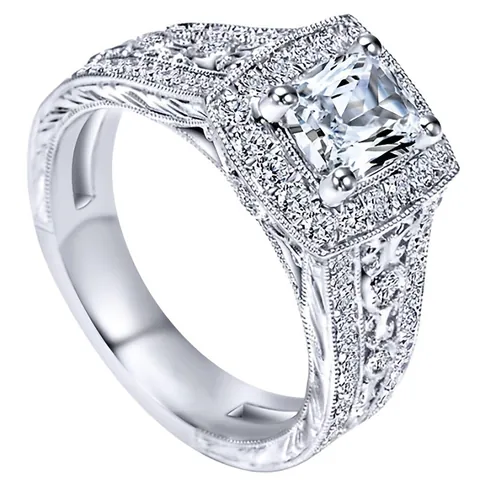 Vintage 925 Sterling Silver Square Zirconia Halo Ring With Engraved Band For Women Wedding Engagement Jewelry Gift