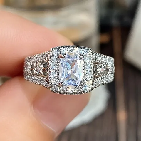 Vintage 925 Sterling Silver Square Zirconia Halo Ring With Engraved Band For Women Wedding Engagement Jewelry Gift