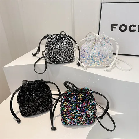 Women Shiny Sequin Drawstring Bucket Bag Fashion Crossbody Shoulder Bag Mini Party Evening Handbag With PU Leather Strap
