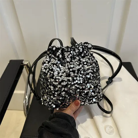 Women Shiny Sequin Drawstring Bucket Bag Fashion Crossbody Shoulder Bag Mini Party Evening Handbag With PU Leather Strap