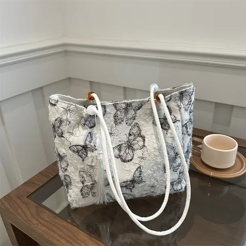 Sac Fourre-Tout pour Femmes Nouveau Style Chinois Jacquard Papillon Grande Capacité Sac à Bandoulière avec Gland Perlé