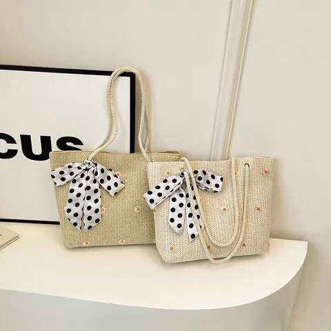 Damen Mode Stroh Gewebte Tote Tasche Gänseblümchen Stickerei Polka Dot Schleife Schal Dekor Sommer Strand Umhängetasche Lässige Urlaub Handtasche