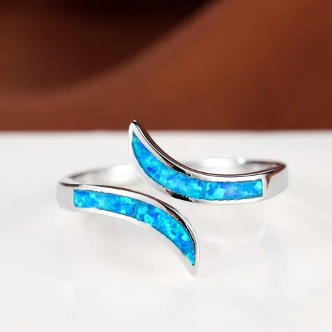 Bague Ouverte Minimaliste en Cuivre Avec Incrustation d'Opale Bleue Synthétique Bague Géométrique Ondulée Plaqué Argent Pour Femme Bijoux