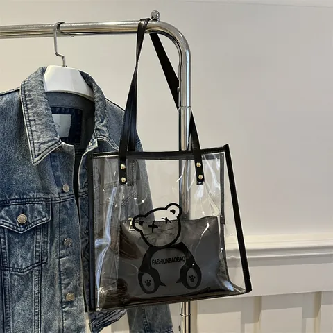 Transparent PVC Tote Bag Inner Pouch Cartoon Bear Print Large Capacity Jelly Handbag Shoulder Bag Beach Bag For Women