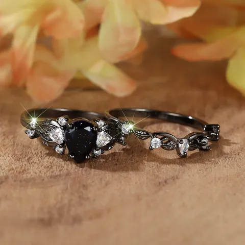 Vintage Black Gold Copper Rings Pear Shaped Blue Sandstone White Rhinestone Vine Leaf Design Gothic Jewelry For Women