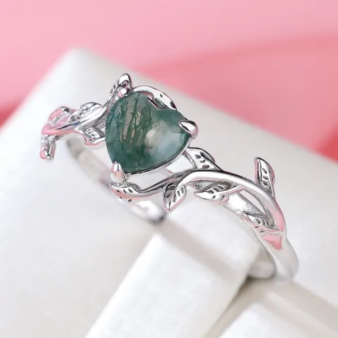 Vintage 925 Sterling Silver Moss Agate Heart Ring With Vine Leaf Design For Women Nature Style Green Gemstone Jewelry Finger Ring