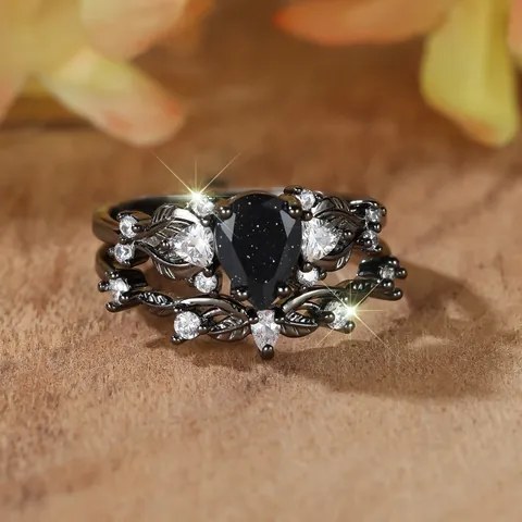 Vintage Black Gold Copper Rings Pear Shaped Blue Sandstone White Rhinestone Vine Leaf Design Gothic Jewelry For Women