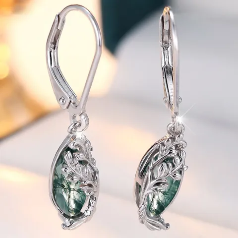 Vintage 925 Sterling Silver Moss Agate Drop Earrings For Women Green Gemstone Hollow Leaf Vine Filigree Leverback Earrings Gift
