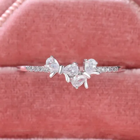S925 Sterling Silver Bow Zircon Ring Exquisite Full Diamond For Women Sweet Japanese Korean Style Valentine's Day Birthday Jewelry Gift