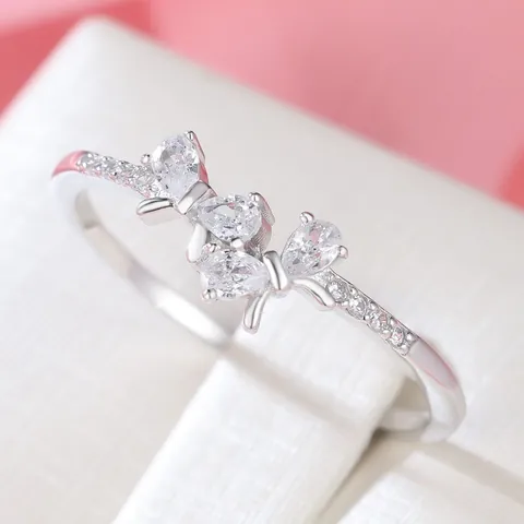 S925 Sterling Silver Bow Zircon Ring Exquisite Full Diamond For Women Sweet Japanese Korean Style Valentine's Day Birthday Jewelry Gift