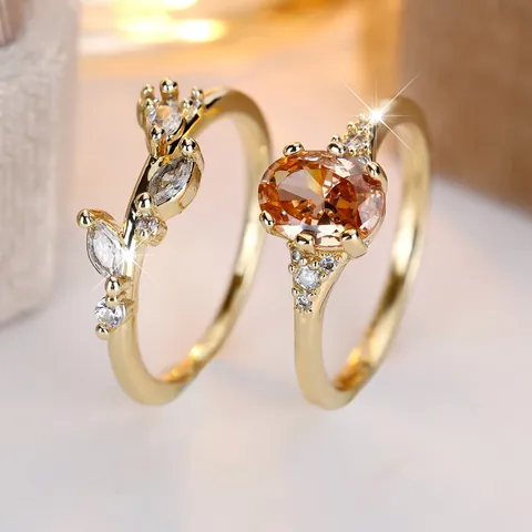 Vintage Gold Plated Copper Ring Stackable Leaf Vine Design Oval Champagne Zirconia Marquise Crystal Jewelry Ring For Women