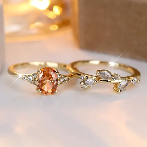 Vintage Gold Plated Copper Ring Stackable Leaf Vine Design Oval Champagne Zirconia Marquise Crystal Jewelry Ring For Women