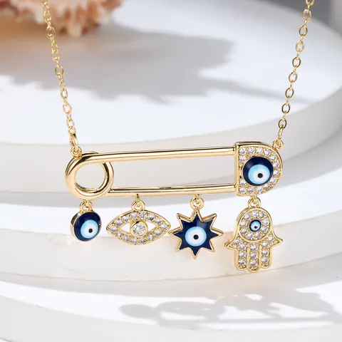 Alloy Zirconia Evil Eye Safety Pin Pendant Necklace Hamsa Hand Star Charms For Women Boho Fashion Jewelry Elegant Gift