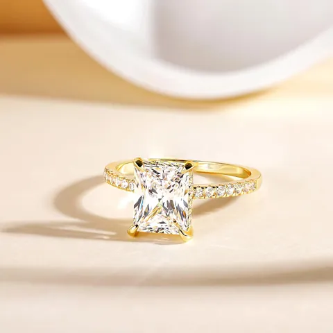 Luxury Rectangle Radiant Cut White Zirconia Copper Ring Four-Prong Setting Pave Small Side Stones For Women Engagement Wedding Jewelry Accessory