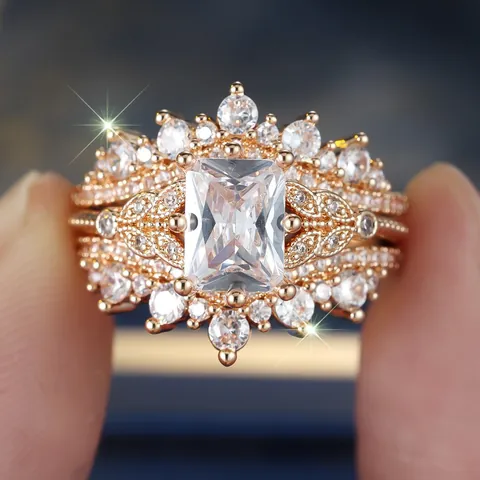 Vintage Champagnegoud Verguld Koper Rechthoekig Wit Zirkoon Ring Set Voor Vrouwen Luxe Bruiloft Verloving Driedelige Ringen