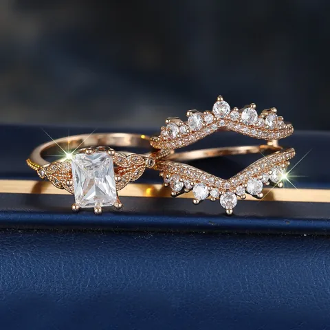 Vintage Champagnegoud Verguld Koper Rechthoekig Wit Zirkoon Ring Set Voor Vrouwen Luxe Bruiloft Verloving Driedelige Ringen