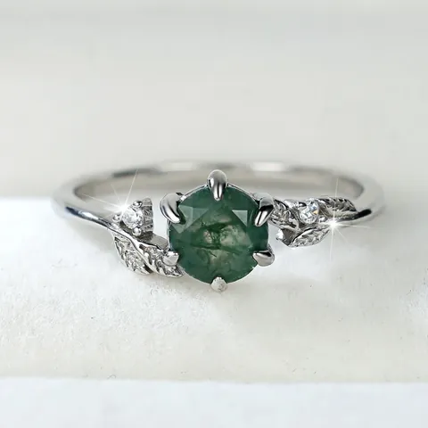 Vintage S925 Sterling Silver Round Natural Green Moss Agate Ring With Leaf Design Zircon Sweet Jewelry For Women Party Gift
