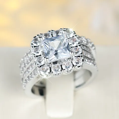 Lujoso Juego de Anillos de Boda de Zirconia con Corte de Princesa Cuadrado para Mujer Cobre Plateado Anillo de Compromiso Halo