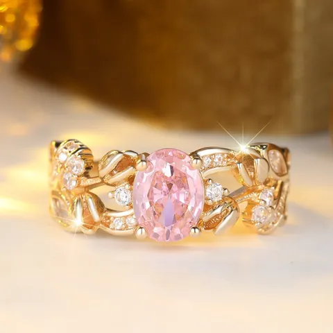 Vintage Gold Plated Copper Oval Pink Zirconia Ring Elegant Floral Vine Leaf Design Luxury Fashion Finger Jewelry For Women