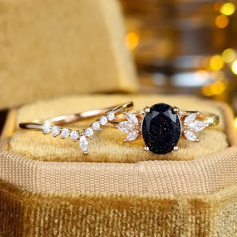 Vintage Koper Verguld Blauwe Zandsteen Ring Set Ovale Hoofdring En Gebogen Zirkonia Begeleidende Ring Voor Vrouwen Elegante Sieraden