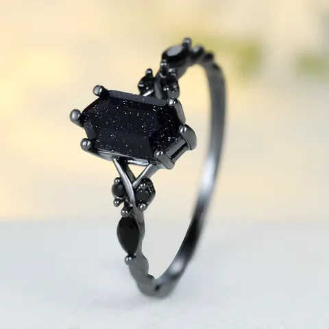 Gothic Hexagonal Blue Sandstone Ring For Women Black Gold Plated Copper Black Zirconia Retro Starry Sky Dark Style Jewelry