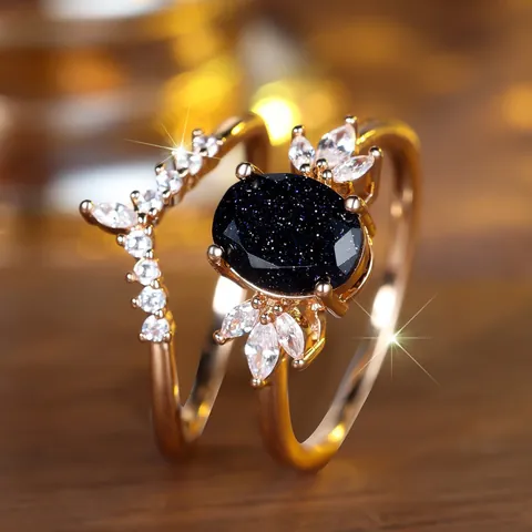 Vintage Koper Verguld Blauwe Zandsteen Ring Set Ovale Hoofdring En Gebogen Zirkonia Begeleidende Ring Voor Vrouwen Elegante Sieraden