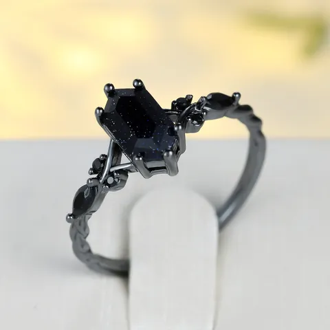 Gothic Hexagonal Blue Sandstone Ring For Women Black Gold Plated Copper Black Zirconia Retro Starry Sky Dark Style Jewelry
