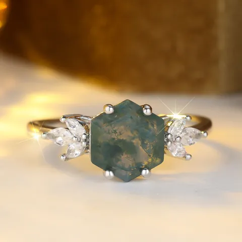 Vintage Hexagon Moosachat Ring Für Damen Marquise Zirkonia Blatt Kupfer Fingerring Wald Stil Schmuck Geschenk